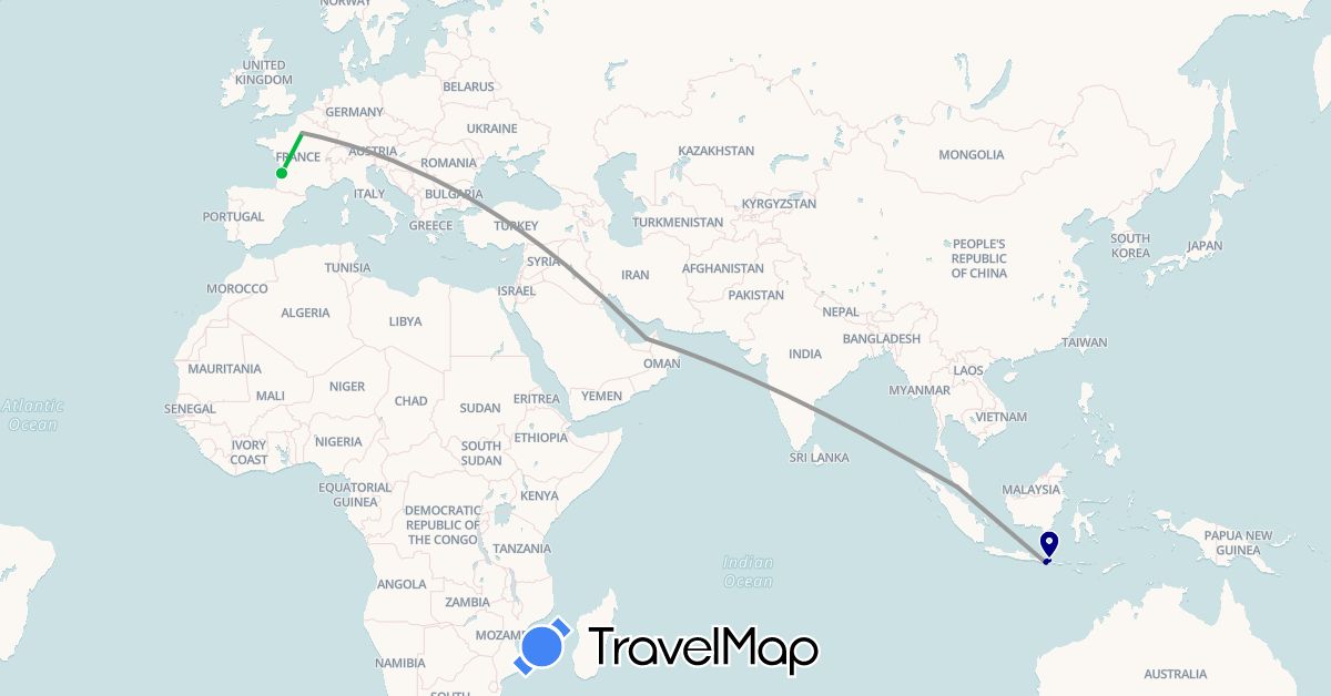 TravelMap itinerary: driving, bus, plane in United Arab Emirates, France, Indonesia, Malaysia (Asia, Europe)